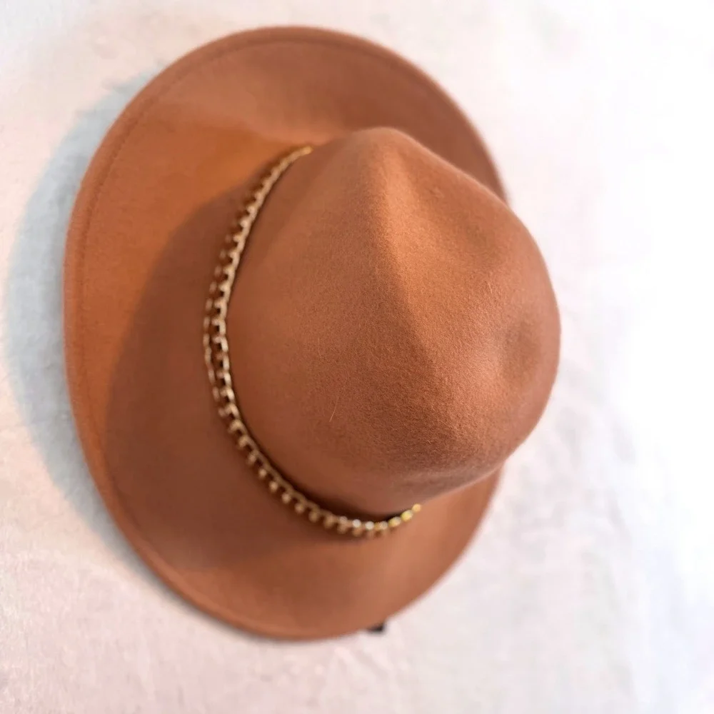 ALDO Womens Brown Felt Fedora Hat With Gold Chain Detail Wide Brim‎ NEW